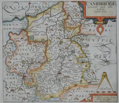 Antique Map CAMBRIDGESHIRE, Saxton & Kip, Camden original  1637