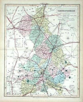 Antique Map CAMBRIDGESHIRE, Walker Hand Coloured Railway Map , 1877