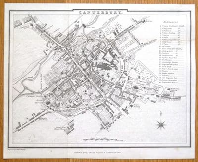 Antique Map CANTERBURY, KENT Street Plan, James Bingley  Original 1822