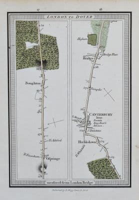 Antique Map CANTERBURY, OSPRINGE, BOUGHTON, BRIDGE,KENT, E. Mogg Strip Road Map 1808
