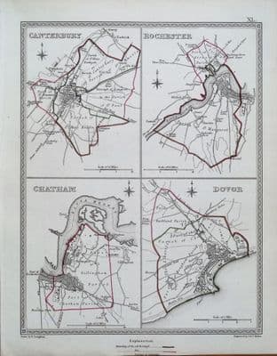 Antique Map CANTERBURY ROCHESTER CHATHAM DOVER Kent Town Plans, Lewis 1835