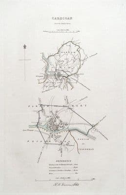 Antique Map CARDIGAN, WALES, Street Plan, Dawson Original 1832