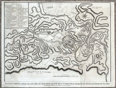 Antique Map CARDONA, CATALONIA, SPAIN, City plan, fortifications Rapin/Tindal 1745