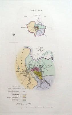 Antique Map CARLISLE, CUMBRIA, Street Plan, Dawson Original 1832