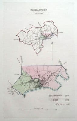 Antique Map CARMARTHEN, WALES, Street Plan, Dawson Original 1832