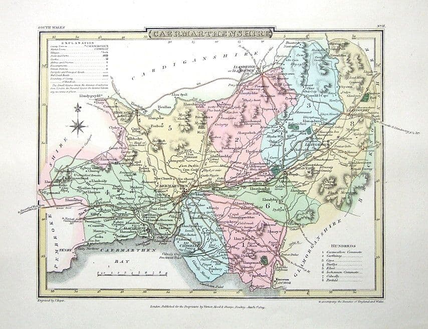 Antique Map CARMARTHENSHIRE WALES Roper British Atlas 1809