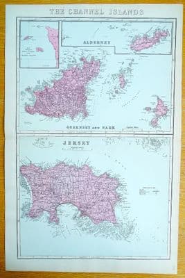Antique Map CHANNEL ISLANDS Jersey Guernsey Alderney Sark, G.Bacon Original 1884
