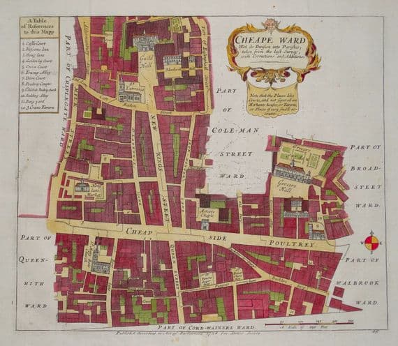 Antique Map CHEAPE WARD Stow s London street plan Cheapside Poultry 1754