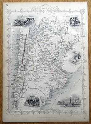 Antique Map CHILI & LA PLATA, CHILE, ARGENTINA, S.AMERICA, Rapkin & Tallis 1851