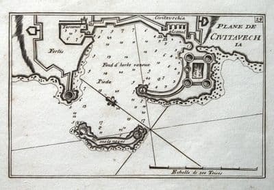Antique Map CIVITAVECCHIA, ITALY HARBOUR PLAN, Roux Original c1760