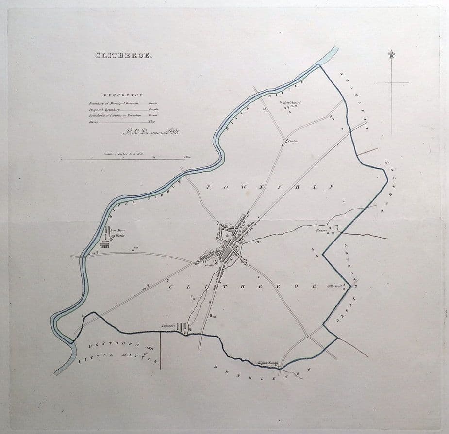 Antique Map CLITHEROE LANCASHIRE ENGLAND Street Plan Dawson Original 1832