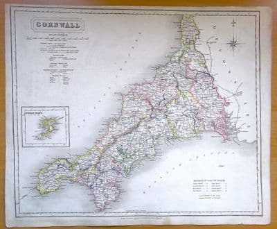 Antique Map CORNWALL J.&C. Walker original old vintage map 1835