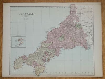 Antique Map  CORNWALL, John Bartholomew Original c1870