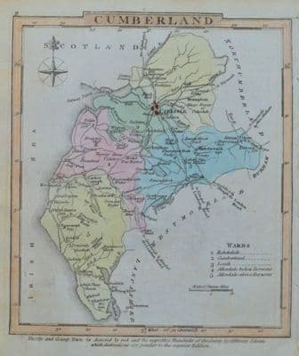 Antique Map CUMBERLAND, CUMBRIA, George Gray, Original Hand Coloured  1824