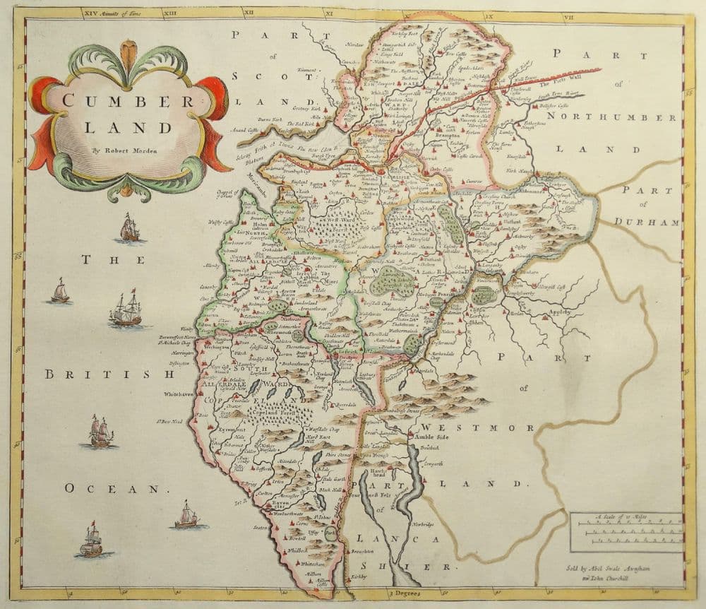 Antique Map CUMBERLAND CUMBRIA Lake District R Morden original vintage 1722