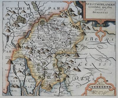 Antique Map CUMBRIA, WESTMORLAND, Saxton & Kip, Camden Original  1637