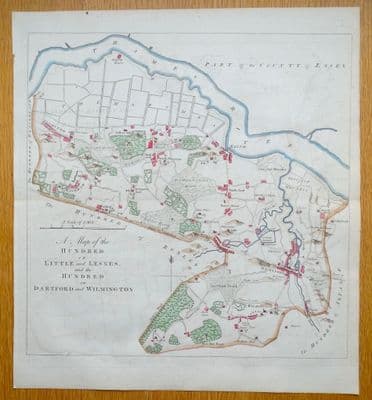 Antique Map DARTFORD HUNDRED, KENT Plumstead Crayford Erith Welling, Hasted 1778
