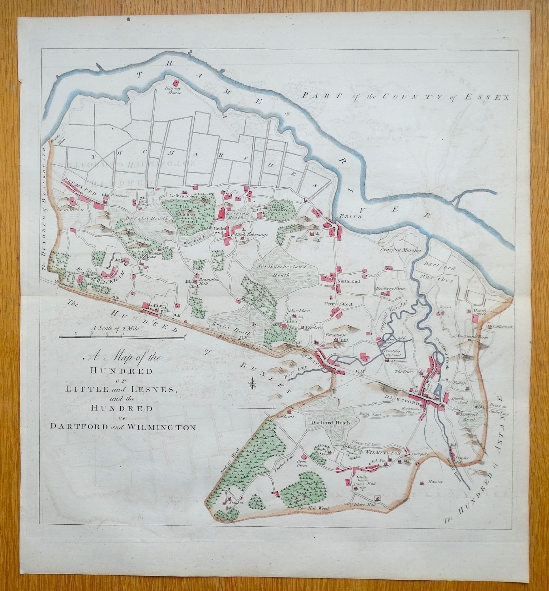 Erith England Map Antique Map DARTFORD HUNDRED KENT Plumstead Crayford Erith Welling ...
