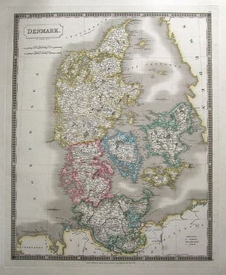 Antique Map DENMARK Sidney Hall large original hand coloured 1828