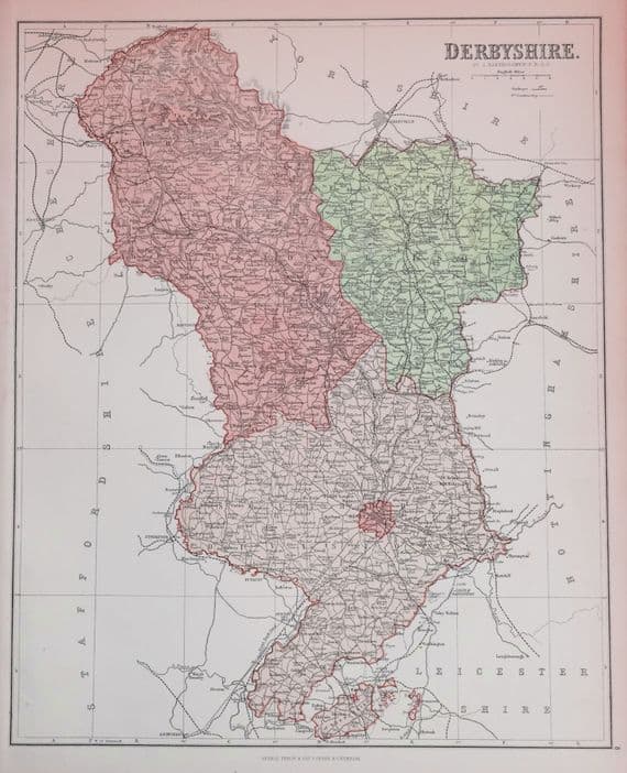 Antique Map DERBYSHIRE, John Bartholomew Original  c1870