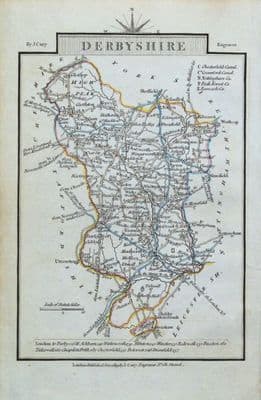 Antique Map DERBYSHIRE John Cary Original Hand Coloured Miniature  1819