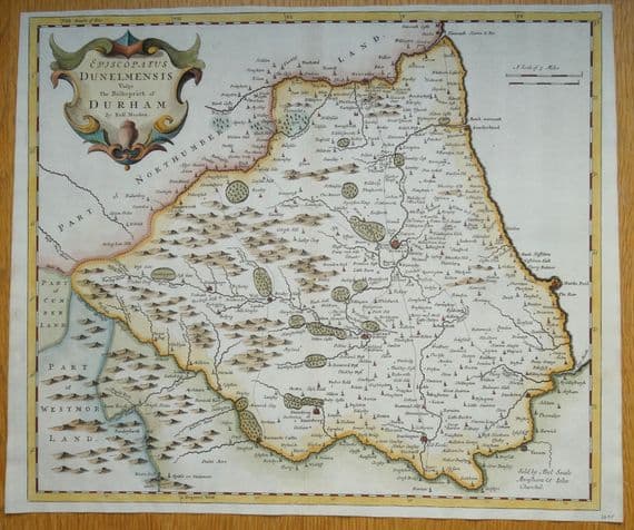 Antique Map DURHAM, Robert Morden, original hand coloured map 1695