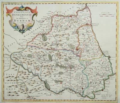 Antique Map DURHAM Robert Morden original vintage hand coloured old 1722