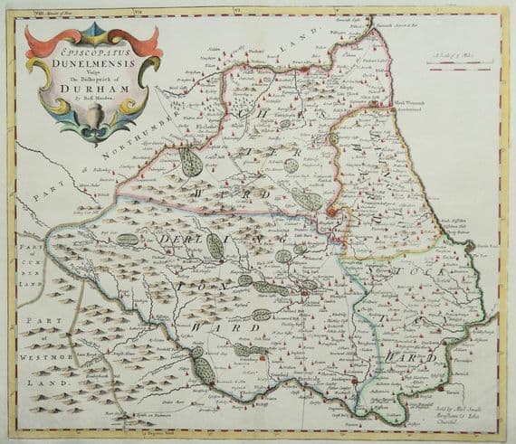 Antique Map DURHAM Robert Morden original vintage hand coloured old 1722