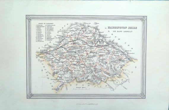 Antique Map EAST LOTHIAN HADDINGTON SCOTLAND Fullarton Original Lithograph 1868