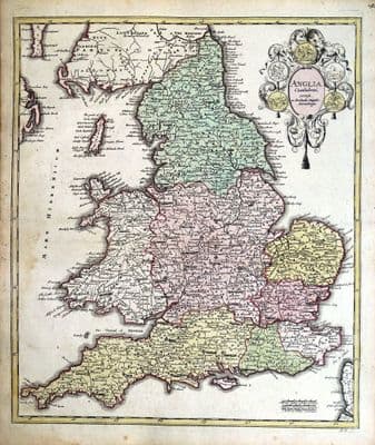 Antique Map ENGLAND, Anglia Cambdeni,  Christoph Weigel, Weigelio, original 1718