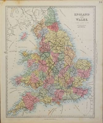 Antique Map ENGLAND & WALES RAILWAYS,  SDUK Hand Coloured 1857