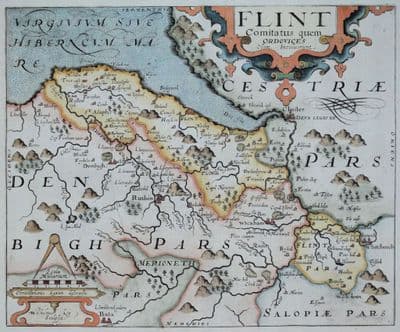 Antique Map FLINTSHIRE, FLINT, WALES Saxton & Kip, Camden original 1637