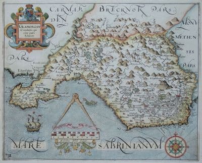 Antique Map GLAMORGANSHIRE, WALES, Glamorgan, Saxton & Hole,  W.Camden original 1637