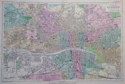 Antique Map GLASGOW, SCOTLAND City Street Plan G.W.Bacon Original Vintage c1895