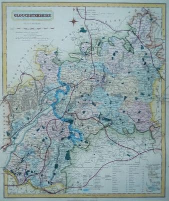 Antique Map GLOUCESTERSHIRE J.&C. Walker original old vintage map c1845