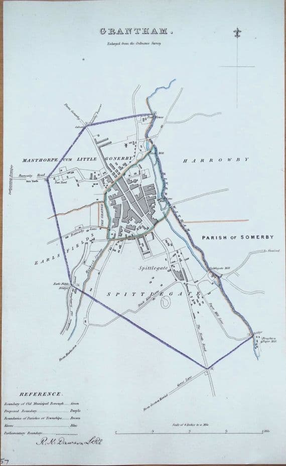 Antique Map GRANTHAM, LINCOLNSHIRE  England Street Plan, Dawson Original 1832