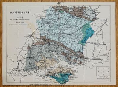 Antique Map HAMPSHIRE, GEOLOGICAL James Reynold, Original 1888