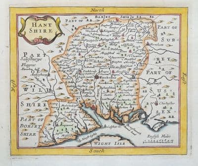 Antique Map HAMPSHIRE, Hant Shire, John Seller, Original  c1696