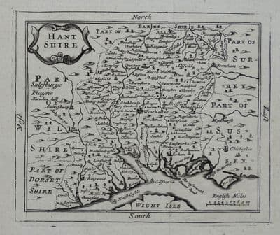 Antique Map HAMPSHIRE, Hant Shire, John Seller, Original copper engraved c1696