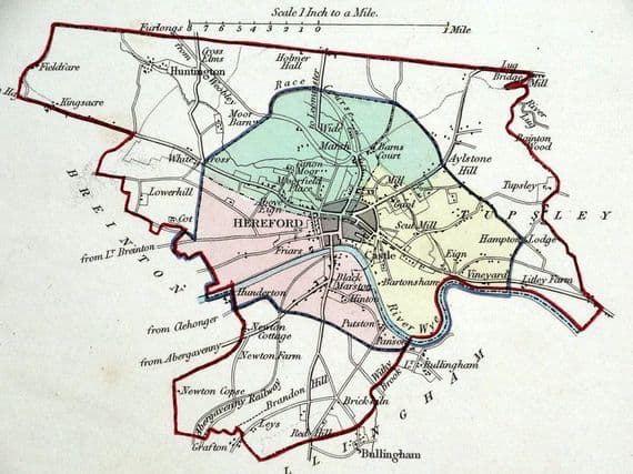 Antique Map HEREFORD ENGLAND Street Plan Dawson Original 1832