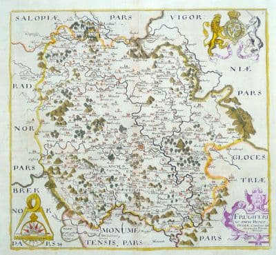 Antique Map HEREFORDSHIRE, SAXTON & HOLE, Camden Original engraved map 1637