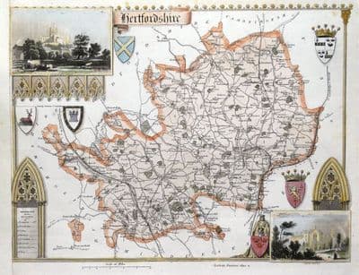 Antique Map HERTFORDSHIRE, Thomas Moule, Original  hand coloured county map c1840