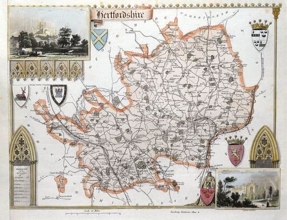 Antique Map HERTFORDSHIRE, Thomas Moule, Original  hand coloured county map c1840