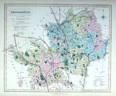 Antique Map HERTFORDSHIRE,  Walker Hand Coloured County Railway Map  1877