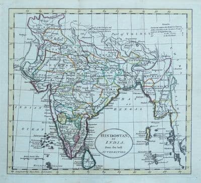 Antique Map HINDOSTAN or INDIA, New British Territories W.Guthrie original 1794