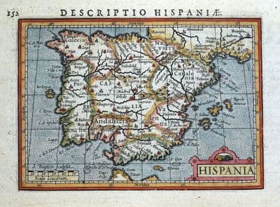 Antique Map HISPANIA, SPAIN & PORTUGAL, PETRUS BERTIUS original miniature 1618