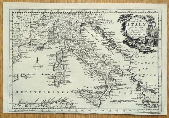 Antique Map ITALY, E.C. Drake vintage Drake's Voyages original engraving 1768