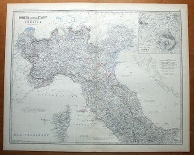 Antique Map ITALY North and central, CORSICA.Johnston  c1860