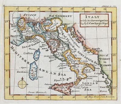 Antique Map ITALY With its Sovereignties, John Cowley scarce original 1753