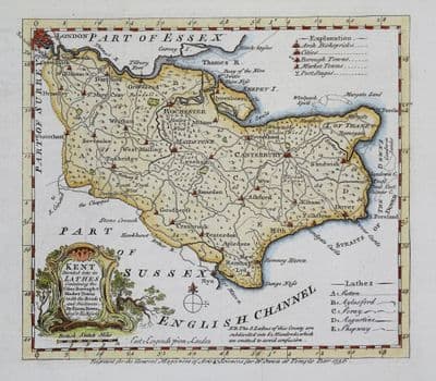 Antique Map KENT, Emanuel Bowen, Original County Map 1756